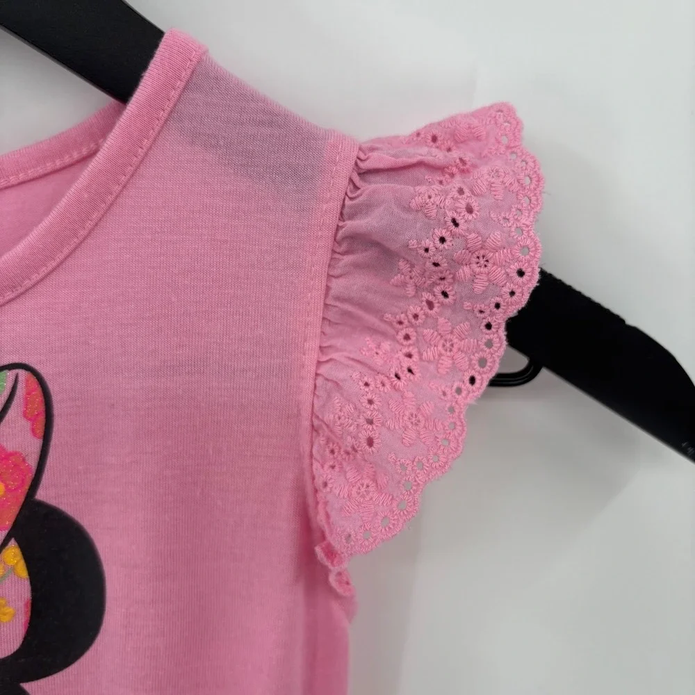 Disney Minnie Mouse Dress Size 4/5 Girls Pink Flutter Sleeve Floral Eyelet Boho
